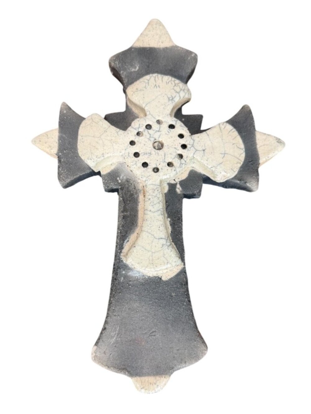 Handmade Ceramic Wall Cross – Rustic Raku-Style Clay Pottery, Tri-Level Layered